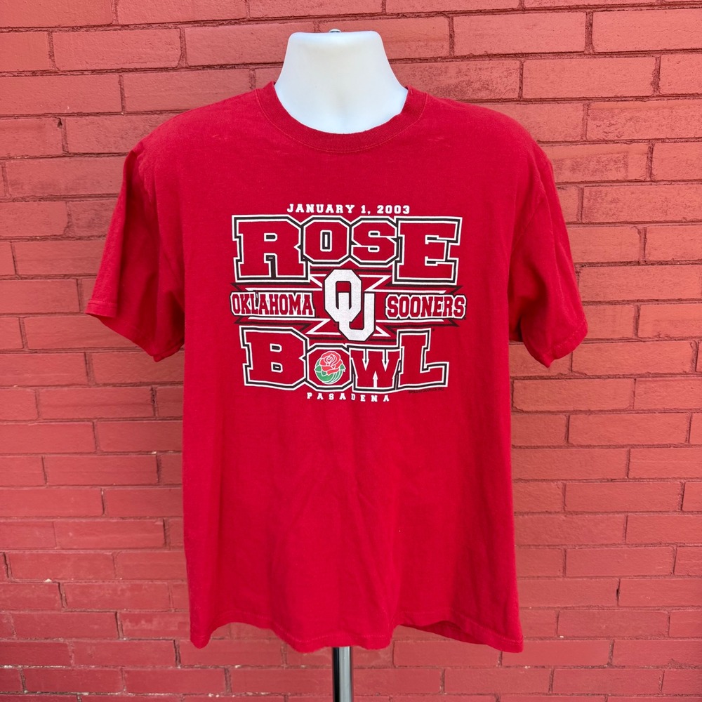 Vintage 2003 Oklahoma Sooners Rose Bowl Shirt Mens Large Red Delta Magnum Weight
